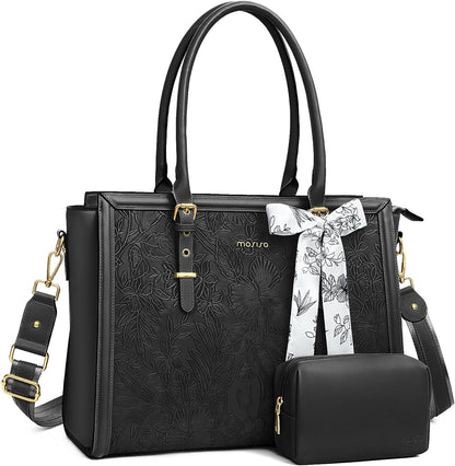 MOSISO Laptop Bag for Women, 17-17.3 inch PU Leathe Tote Bag Compatible with MacBook, HP, Dell, Asus Notebook, Front Embossed Retro Hibiscus Computer Bag with Silk Scarf&Clutch Purse, Gray - PuriLite