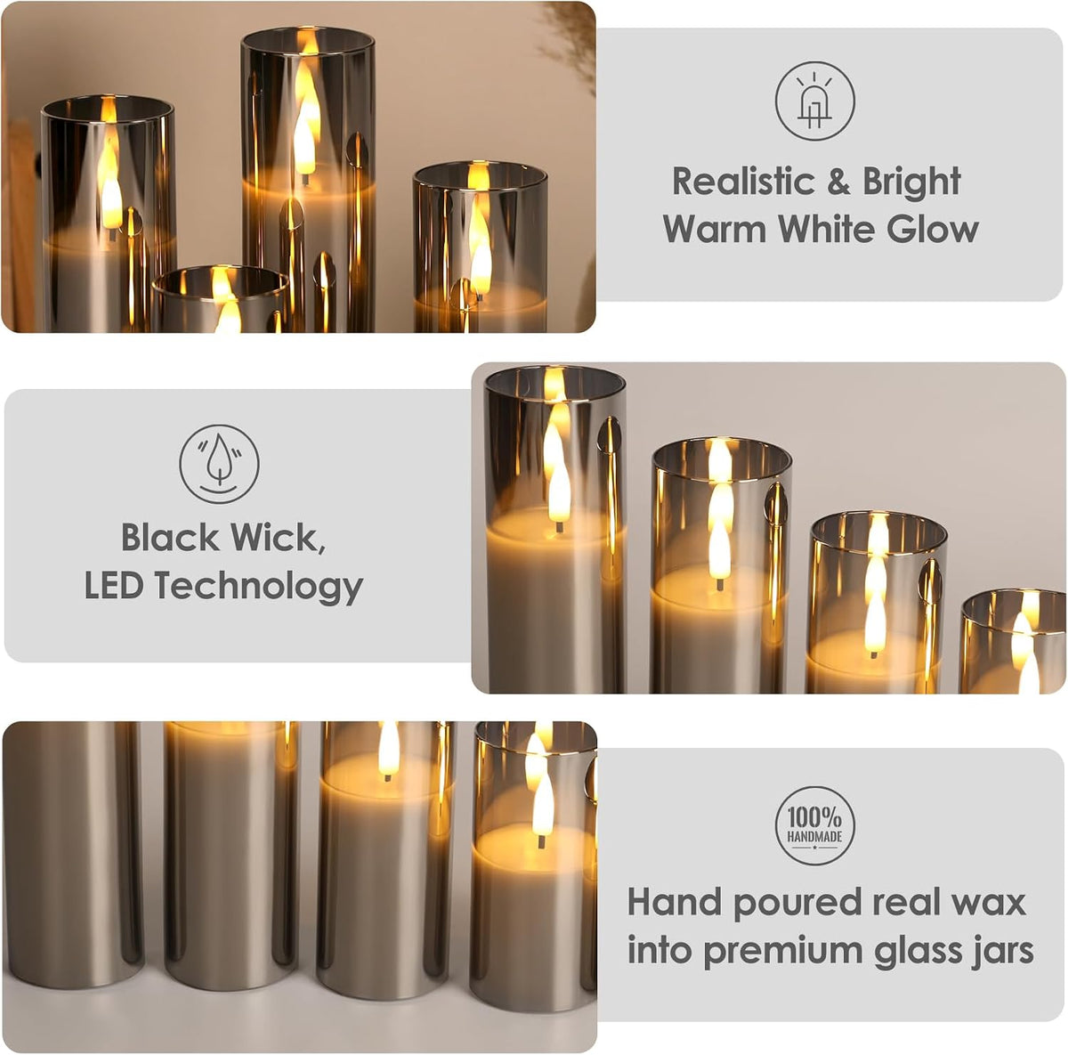 Eywamage Slim Tall Grey Glass Flameless Candles with Remote, Batteries Included, Flickering LED Pillar Votive Candles Set of 5