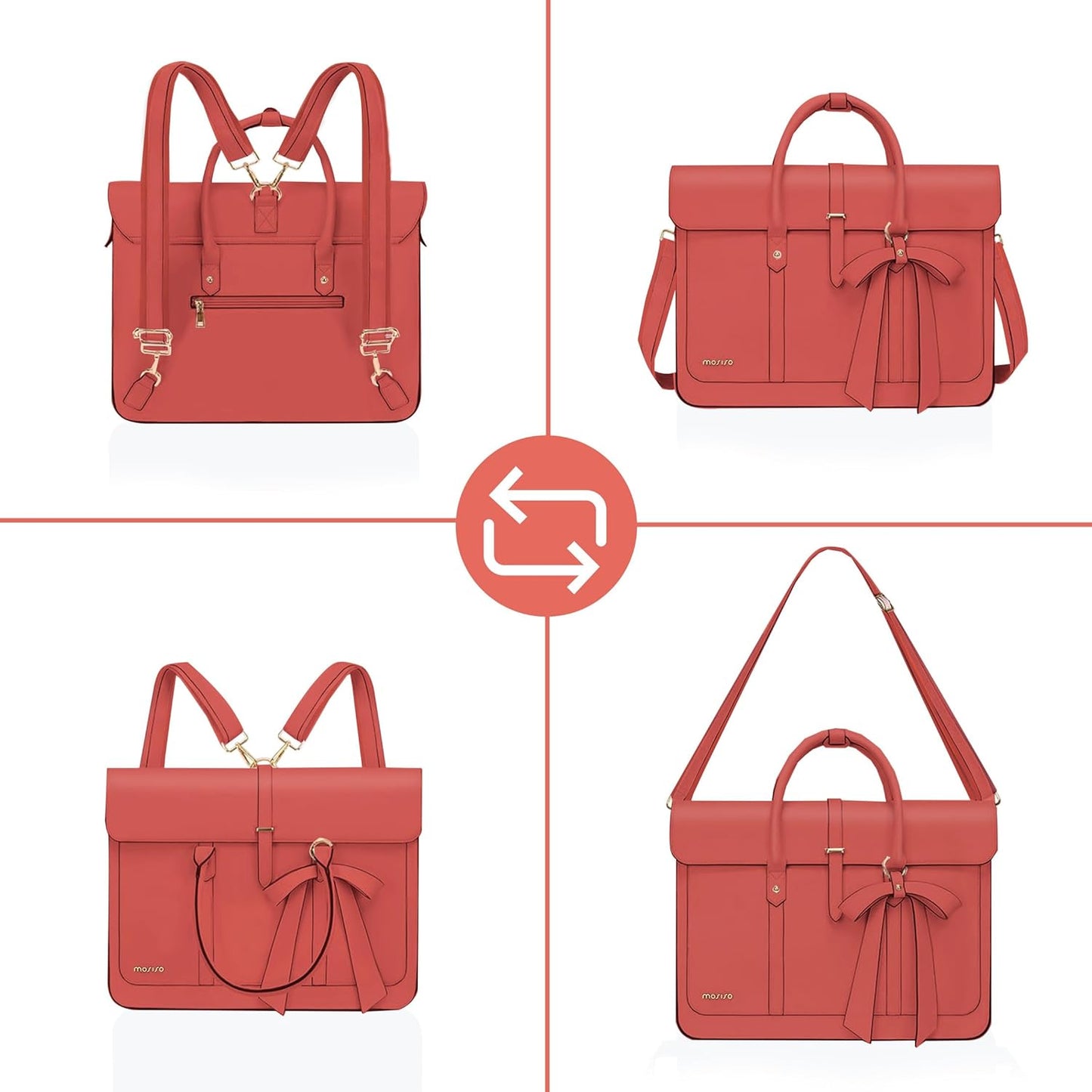MOSISO Laptop Bag for Women, PU Leather Laptop Shoulder Bag Convertible Backpack, Work Travel Computer Bag with Bowknot - PuriLite