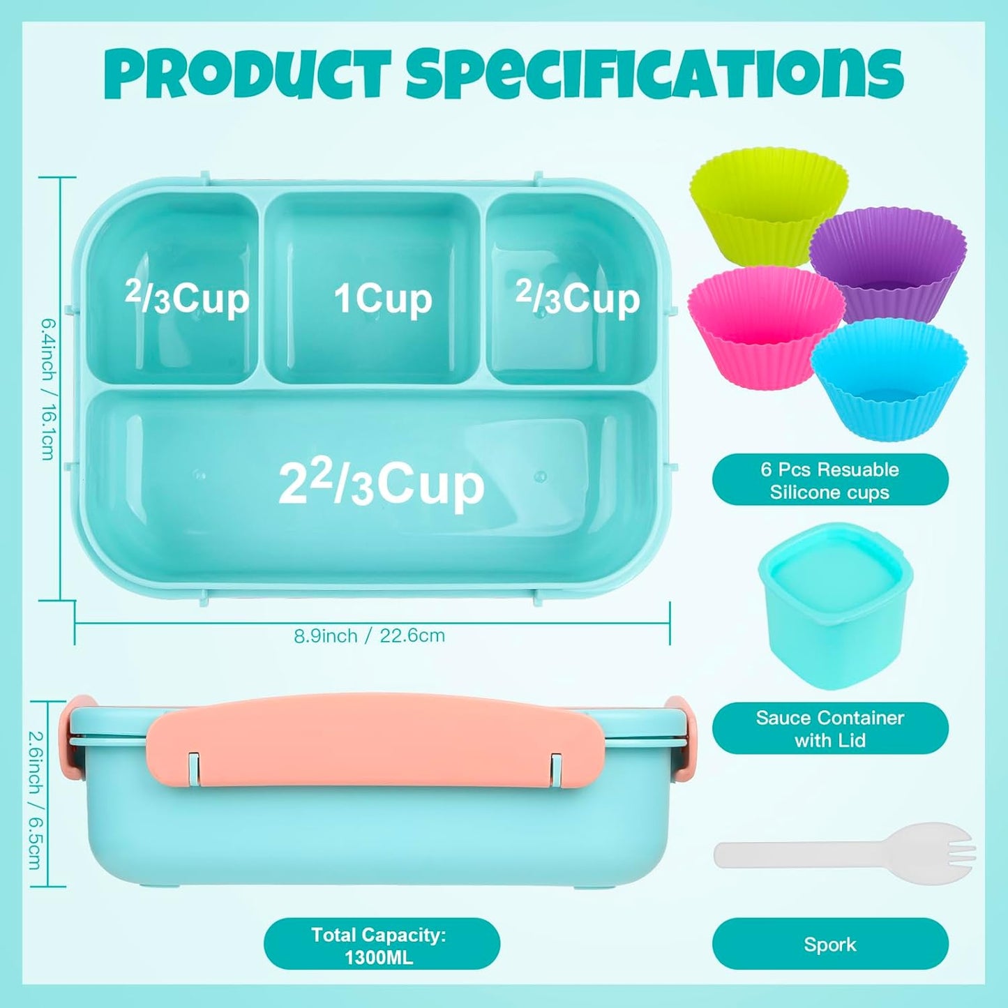 MaMix Bento Lunch Box Adult, Kids, Lunch Containers for Adults/Kids/Students,1300ML-4 Compartment (Blue)