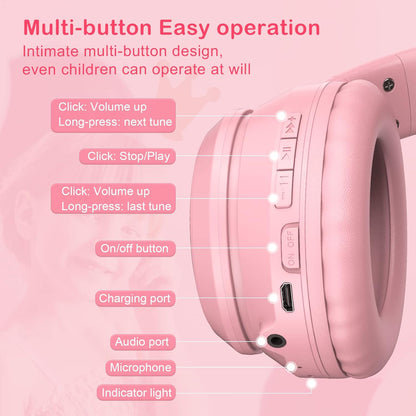 Bluetooth Cat Ear Headphones for Kids & Adults, Wireless Wired Dual Channel, SIMGAL Foldable Over-ear Headsets with RGB Lights, Control Volume & Built-in Mic, For Cell Phones/PC/Tablet/Laptop (A Pink)