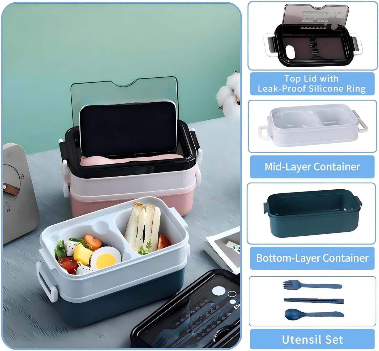 Bento Box, Lunch Box for Adult, Compact Bento Box Set- 2-Layer Stackable Lunch Box with Utensils, Leak-Proof and Durable Food Container for Work, Picnic, and Travel (Pink)