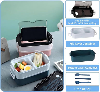 Bento Box, Lunch Box for Adult, Compact Bento Box Set- 2-Layer Stackable Lunch Box with Utensils, Leak-Proof and Durable Food Container for Work, Picnic, and Travel (Pink)