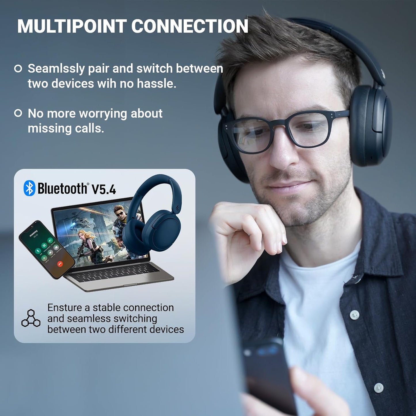 Edifier V80 Hybrid Active Noise Cancelling Bluetooth Headphones, Wireless Over Ear Headset with 45H Playtime, Wired Hi-Res Audio Fast Charging Multipoint Connection for Home Travel Office - Navy Blue