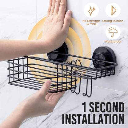 LEVERLOC Shower Caddy Suction Cup, 2 Pack Black Shower Shelf with Hooks and Soap Holder, NO-Drilling Bathroom Organizer, Rustproof Metal Bathroom Storage and Organization