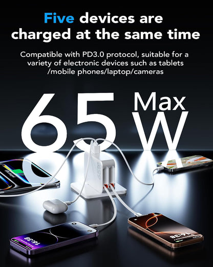 65W for MacBook Pro Charger,5-in-1 Retractable Wall Charger Plug for iPhone Retractable Wall Charger for iPhone,PD USB C&Lightening Cable&3 Ports,Fast Charging Block for Mac Book,iPad,Galaxy,Pixel