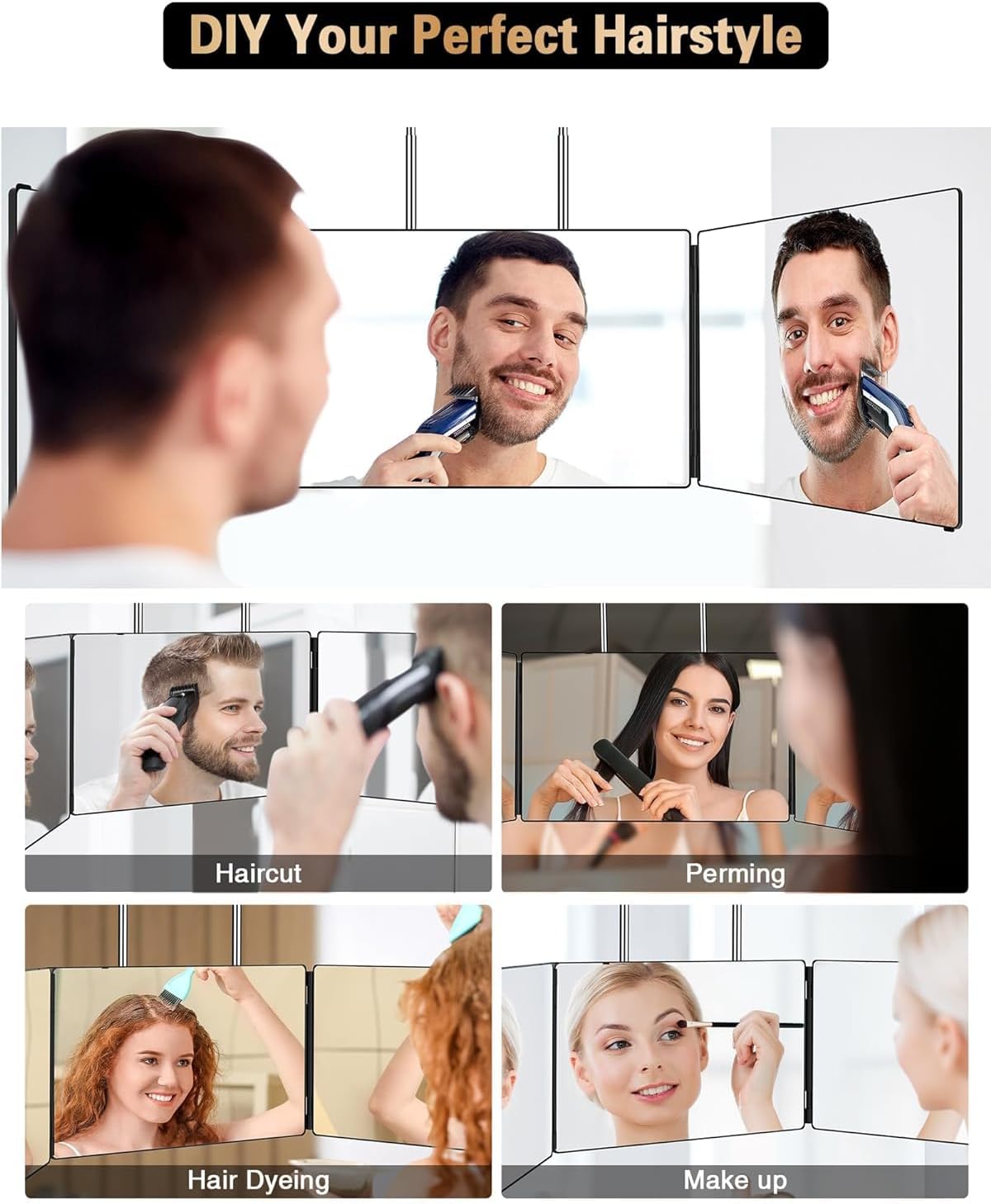 3 Way Mirror for Self Hair Cutting, 360 Trifold Self Haircut Mirror 3 Sided Makeup Mirror to See Back of Head with Height Adjustable Hooks, for Hair Cutting, Makeup, Shaving, Braiding, Styling
