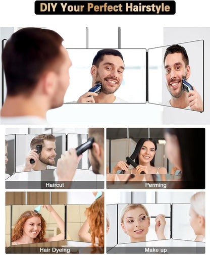 3 Way Mirror for Self Hair Cutting, 360 Trifold Self Haircut Mirror 3 Sided Makeup Mirror to See Back of Head with Height Adjustable Hooks, for Hair Cutting, Makeup, Shaving, Braiding, Styling