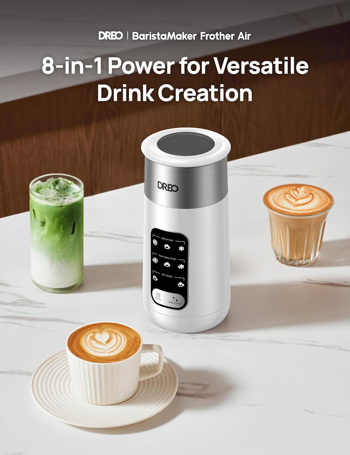 Dreo Milk Frother, 8-in-1 Electric Frother for Latte Art Coffee, 9oz/270ml Warm and Cold Foam Automatic Frothers for Dairy and Non-Dairy Milk, LED, Easy to Clean, BaristaMaker Air