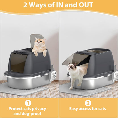 OGEMXU Stainless Steel Litter Box with Lid, Top Entry Covered Kitten Litter Box, Enclosed Litter Tray for Easy Cleaning & Odor Control, Includes Scoop and Litter Mat, Gray