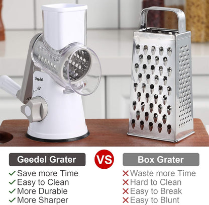 Geedel Kitchen Cheese Grater, Rotary Mandoline Vegetable Slicer with Interchangeable Blades, Easy to Use Rotary Grater Slicer for Fruit, Vegetables, Nuts