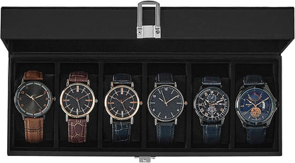 SONGMICS Watch Box, 6-Slot Watch Case, Watch Box Organizer, Black Synthetic Leather, Greenish Gray Lining UJWB06BK