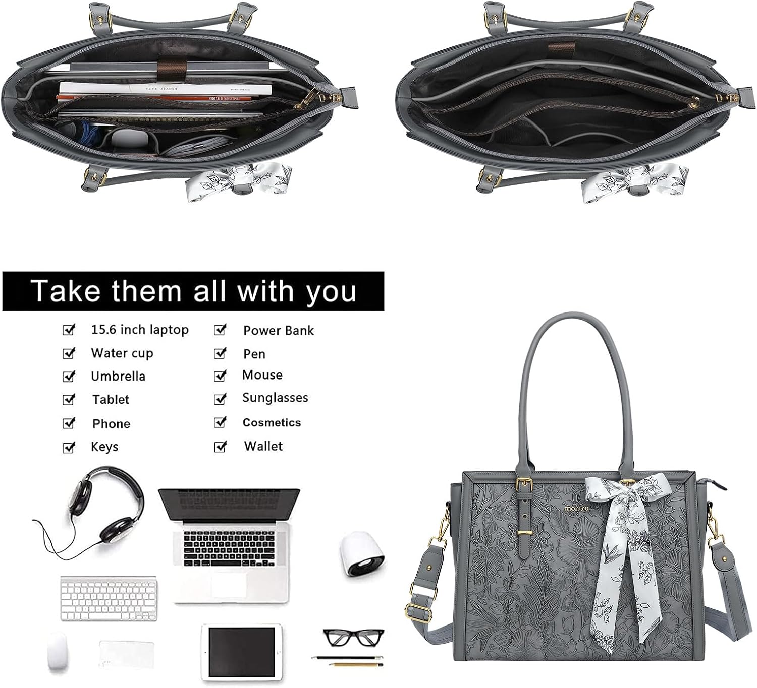 MOSISO Laptop Bag for Women, 17-17.3 inch PU Leathe Tote Bag Compatible with MacBook, HP, Dell, Asus Notebook, Front Embossed Retro Hibiscus Computer Bag with Silk Scarf&Clutch Purse, Gray - PuriLite