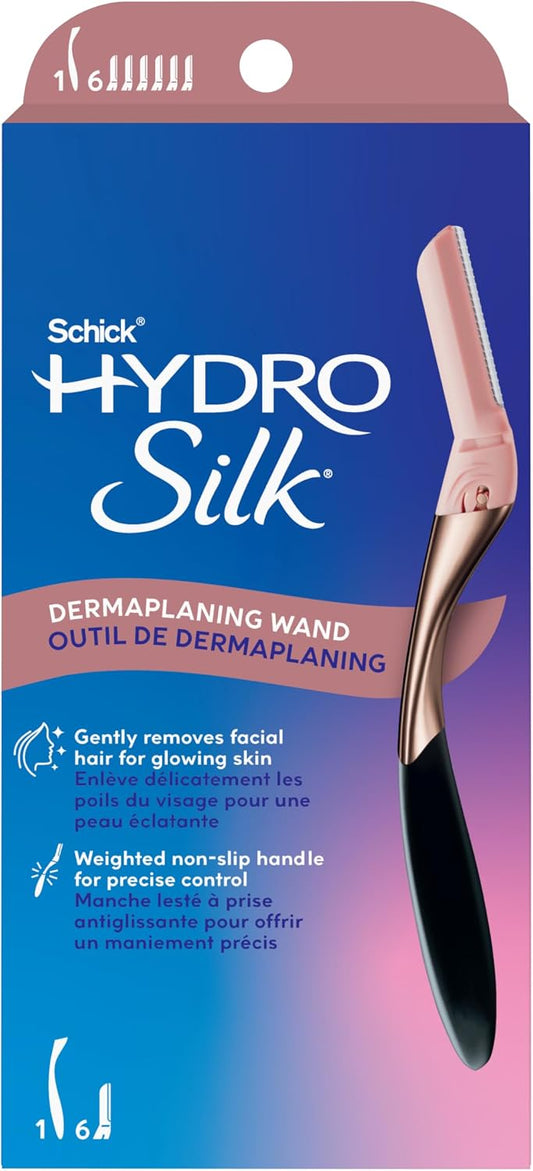 Schick Hydro Silk Dermaplaning Wand, Dermaplaning Tool for Face | Dermaplane Razor for Women Face, Eyebrow Razor, Peach Fuzz Remover, Includes 1 Weighted Metal Handle with 6 Refill Blades