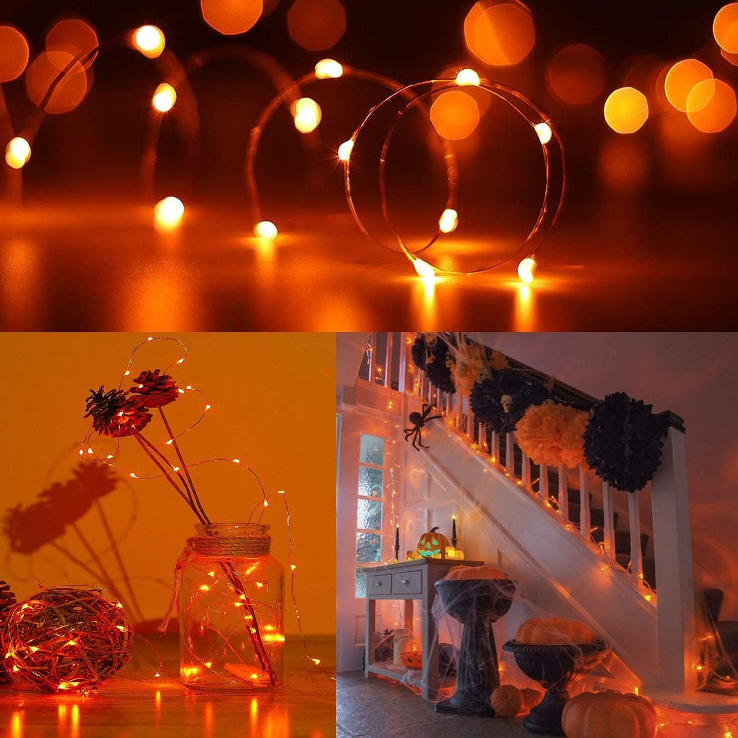 LYHOPE Orange Halloween Lights, 2 Pack 33ft 100 Led Battery Operated Halloween Lights, Waterproof 8 Modes with Remote Copper Wire String Lights for Halloween Holiday Party Carnival Decorations