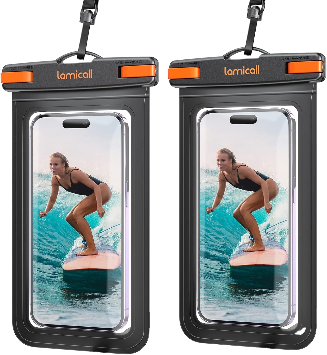 Lamicall Waterproof Phone Pouch Dry Bag with Lanyard - 2 Pack IPX8 [Easy Lock & Heavy Duty] Water Proof Cell Phone Case for iPhone 14 15 16 Pro Max, Samsung Galaxy S24 S23 Ultra, All 4-7" Cellphones