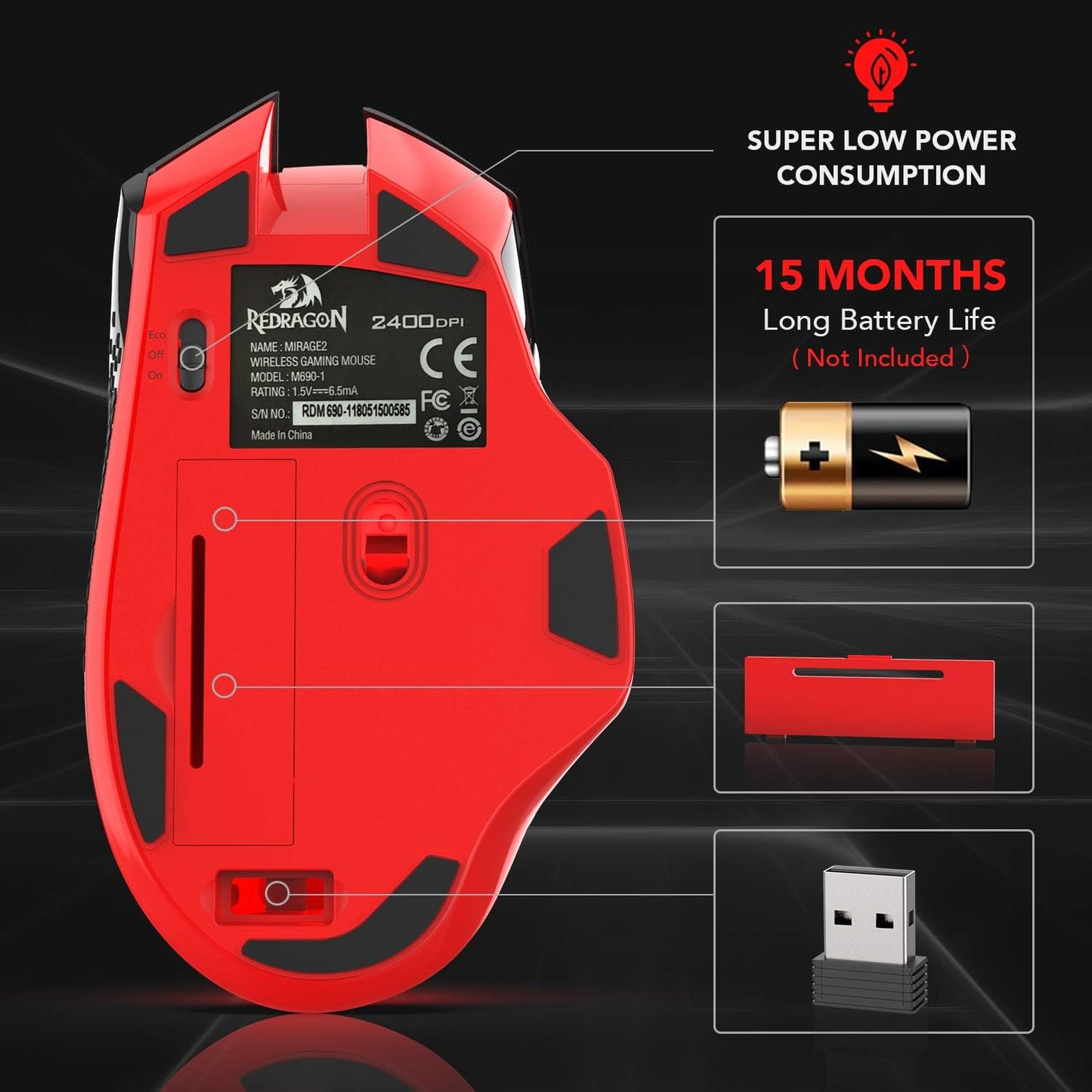 Redragon M690-1 2400 DPI Optical 2.4G Wireless Gaming Mouse, 5 Adjustable DPI Levels Portable Gaming & Office Mice with 8 Buttons and USB Receiver for Desktop, MacBook, Notebook, PC, Laptop, Computer