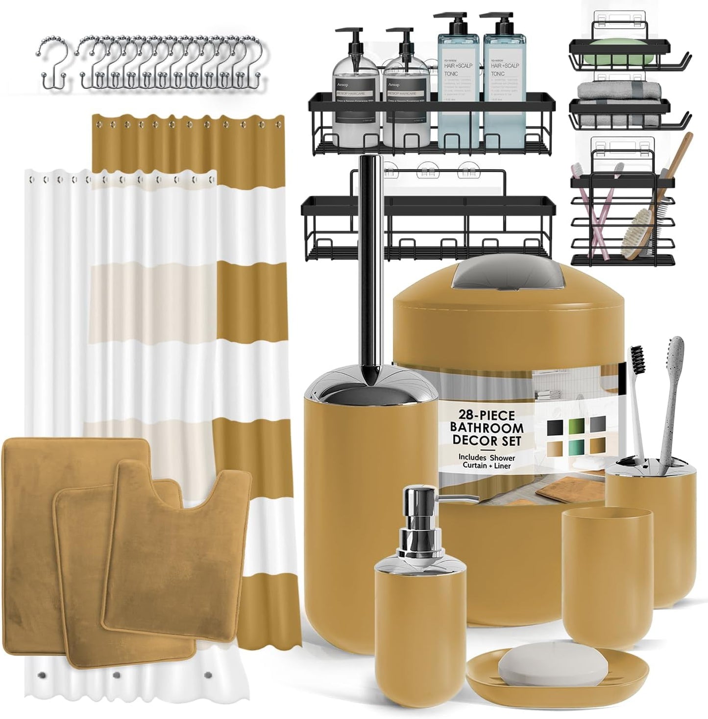 Clara Clark Bathroom Set - Gray Bathroom Accessories Set, Bathroom Sets with Shower Curtain and Rugs, 23PC Shower Curtain Set with Liner, Soap Dispenser, Soap Dish, Toilet Brush Holder, and Trash Can