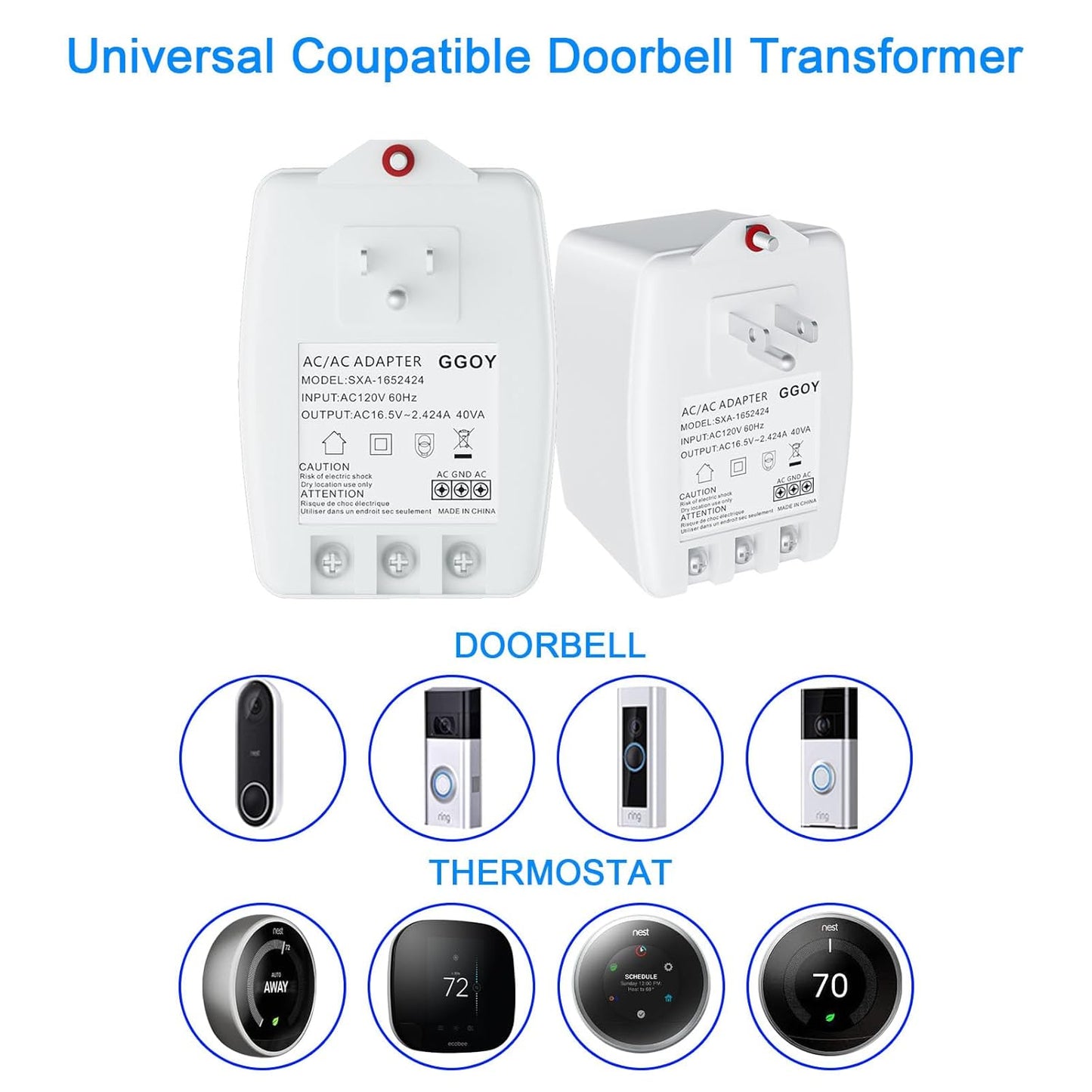 24VAC 40VA Plug in Doorbell Transformer Compatible with Ring, Nest, Eufy, Wyze Video Door Bell, All of Doorbell Nest Ecobee Sensi and Honeywell Thermostat,with PTC Fuse