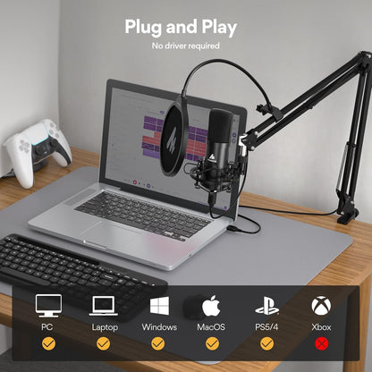 USB Microphone, MAONO 192kHz/24Bit Plug & Play PC Computer Podcast Condenser Cardioid Metal Mic Kit with Professional Sound Chipset for Recording, Gaming, Singing, YouTube (AU-A04)