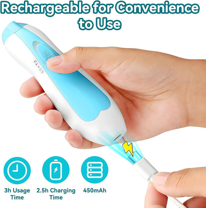 Qunlions life Electric Nail File Drill for Baby, No Sharp Claws Hurt, 6 in 1 Safety Cutter Trimmer Clipper for Toes and Fingers (Blue)
