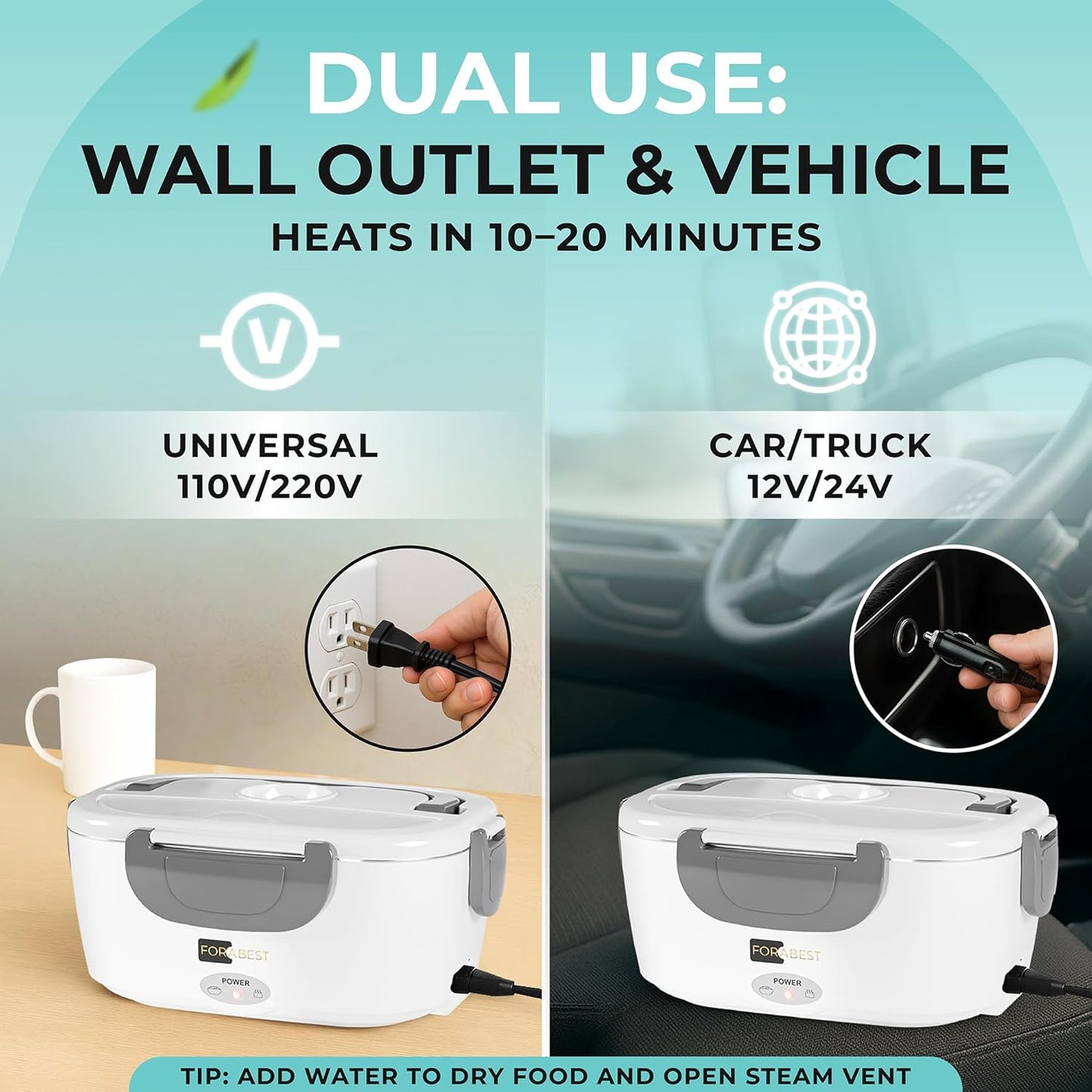 FORABEST Electric Lunch Box Food Heater 80W 1.5L Stainless Steel Heated Lunch Box for Men & Women, Universal 12/24/110/220V Self Heating Lunch Box for Car, Truck & Work, Portable Food Warmer lunch box