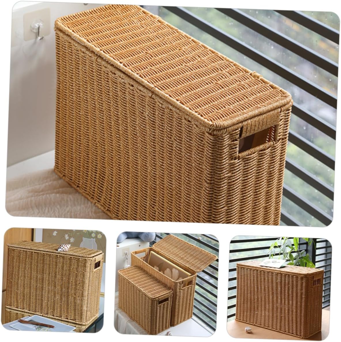 Narrow Wicker Storage Basket | Plastic Rattan Organizer | Rectangular Storage Box with Lid | Home Organization Basket | Lightweight Storage Container - PuriLite