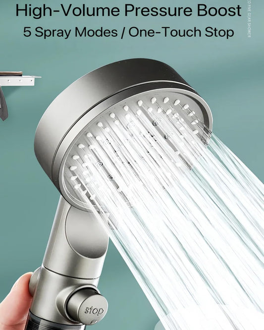 for Hydroboost High Pressure 5-Mode Filtered Shower Head, 2025 Upgraded Hydro Boost Shower Head, Pommeau De Douche Haute Pression, One-Click Water Stop, 1/2'' Connection (1Pcs Black) - PuriLite