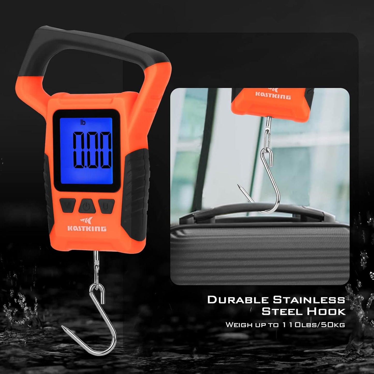 KastKing Fish Scale, WideView Floating Waterproof Digital Scale with No-Puncture Lip Gripper, 2.5” Large LCD Display, 110lb Capacity, Stores up to 9 Weights, Orange