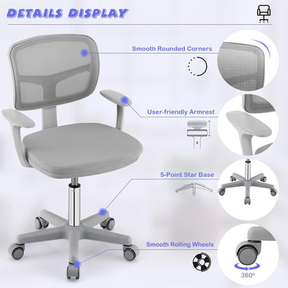 Costzon Kids Desk Chair, Children Study Computer Chair with Adjustable Height, Lumbar Support, Smooth Casters, Swivel Mesh Seat, Ergonomic Kids Task Chair for 4-12, Home, School, Office (Grey)
