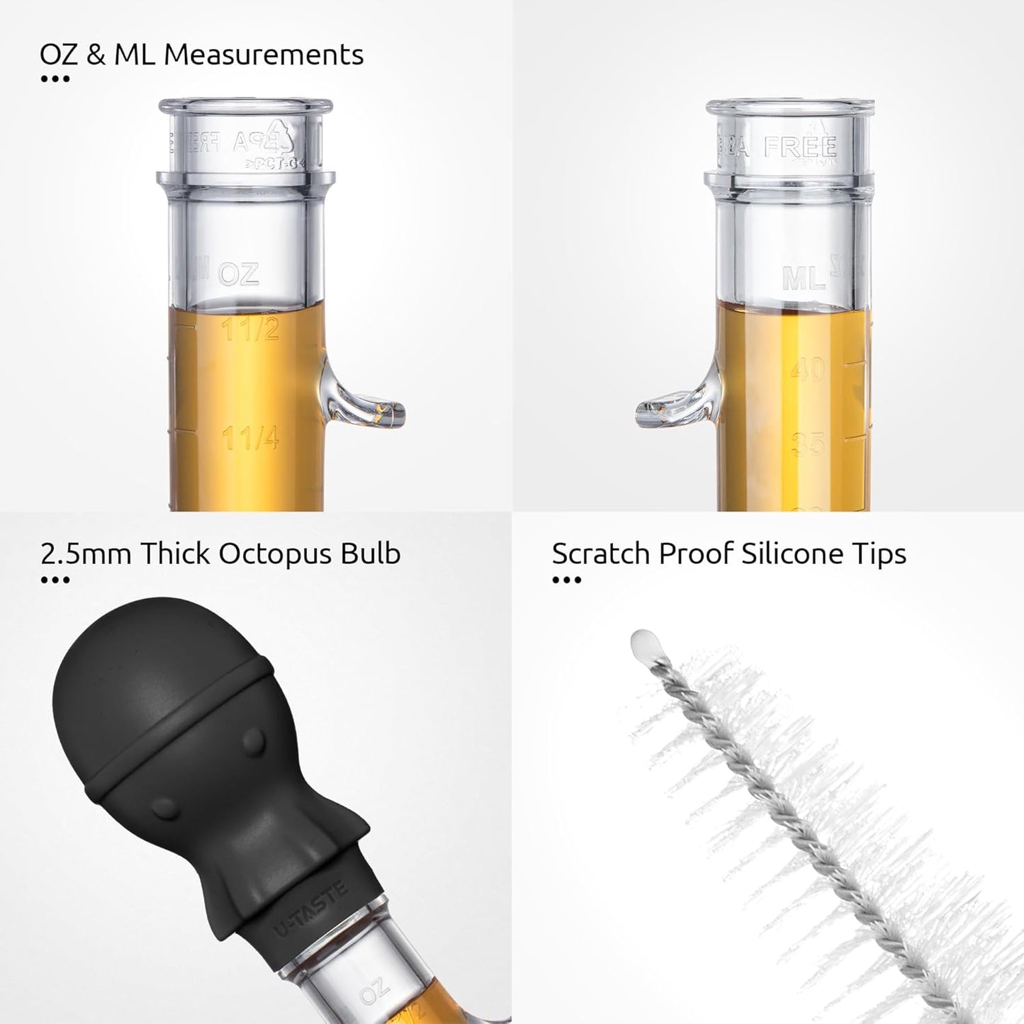 U-Taste 1.5oz Angled Turkey Baster - 228.2ºF Heat Resistant Food Grade Silicone Large Octopus Bulb Baster Set with Cleaning Brush for Cooking Basting Meat Poultry Beef Chicken (Black)