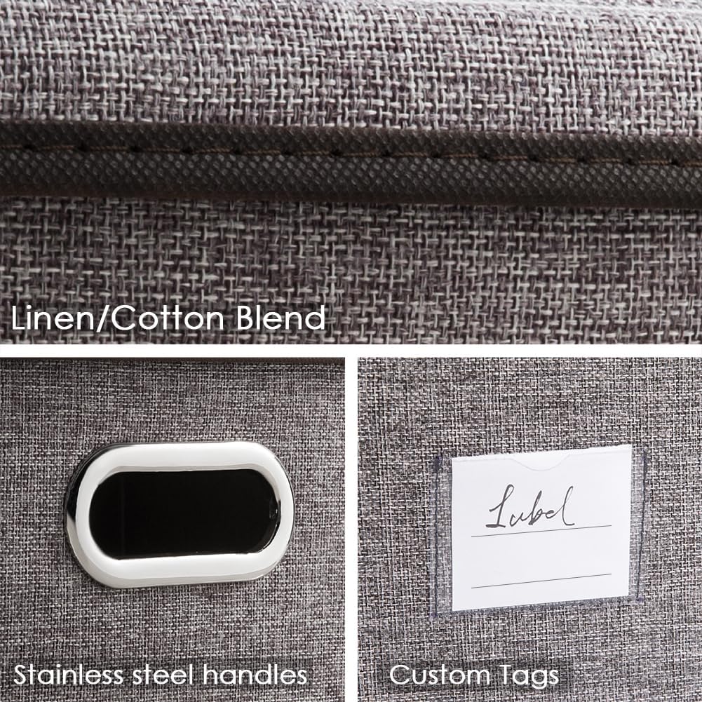 PRANDOM Large Foldable Storage Bin with Lid [1-Pack] Linen Fabric Decorative Storage Box Organizer Containers Basket Cube with Handles Divider for Bedroom Closet Office Living Room (17.7x11.8x11.8")