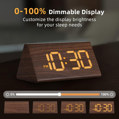 Odokee Wooden Digital Alarm Clock for Bedroom: Electric Desk Clock with Large LED Display - Brown