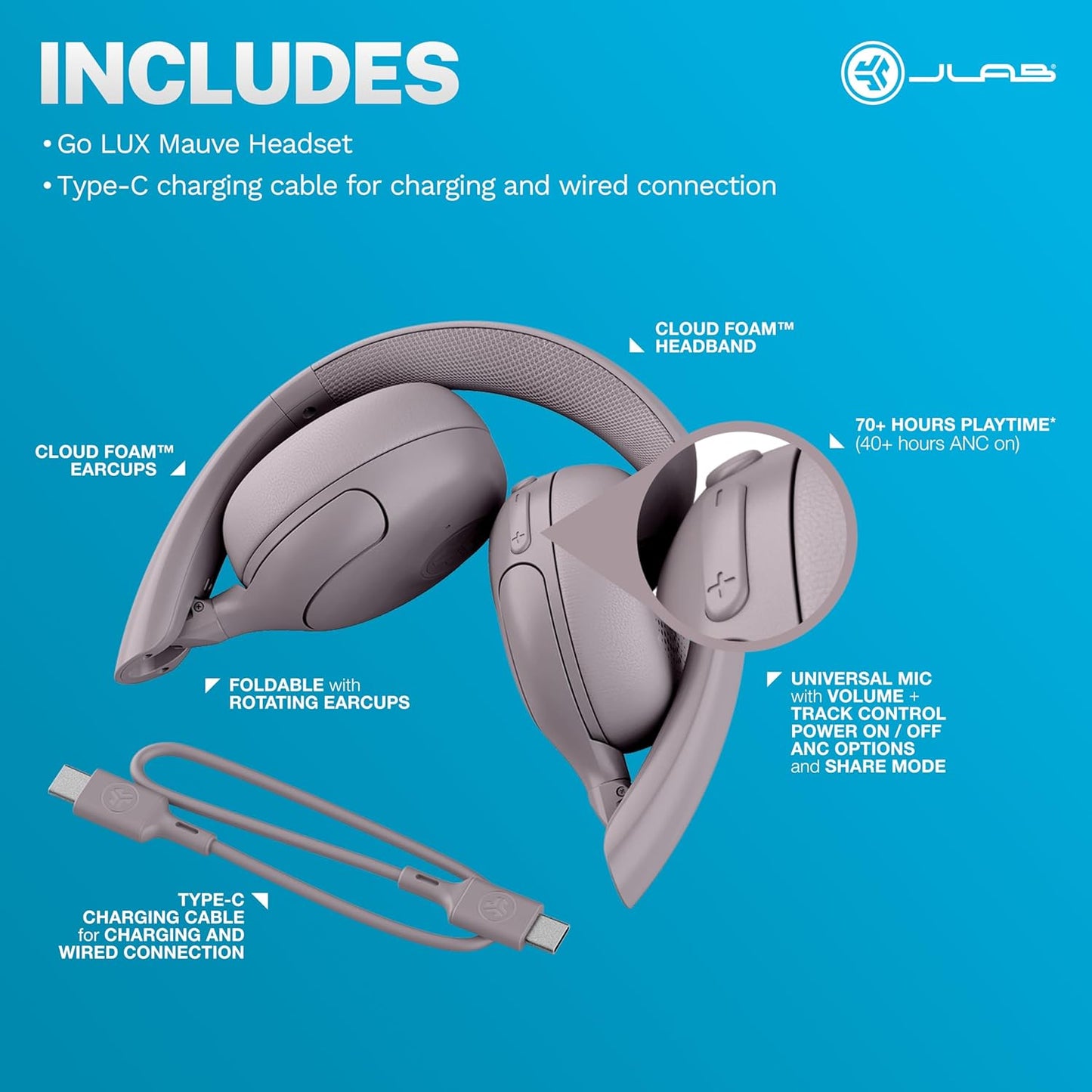 JLab Go Lux ANC Wireless Headphones, Cloud White, Hybrid Active Noise Cancelling, Premium On-Ear Bluetooth Headset, Customizable Sound, Be Aware Mode, Cloud Foam Comfort, Multipoint Connection