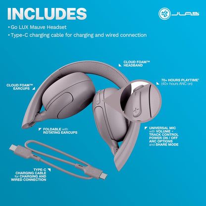 JLab Go Lux ANC Wireless Headphones, Cloud White, Hybrid Active Noise Cancelling, Premium On-Ear Bluetooth Headset, Customizable Sound, Be Aware Mode, Cloud Foam Comfort, Multipoint Connection