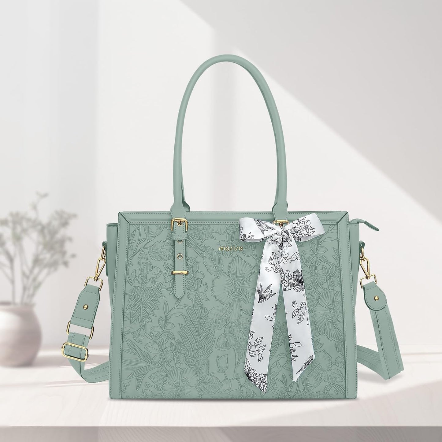 MOSISO Laptop Bag for Women, 17-17.3 inch PU Leathe Tote Bag Compatible with MacBook, HP, Dell, Asus Notebook, Front Embossed Retro Hibiscus Computer Bag with Silk Scarf&Clutch Purse, Gray - PuriLite
