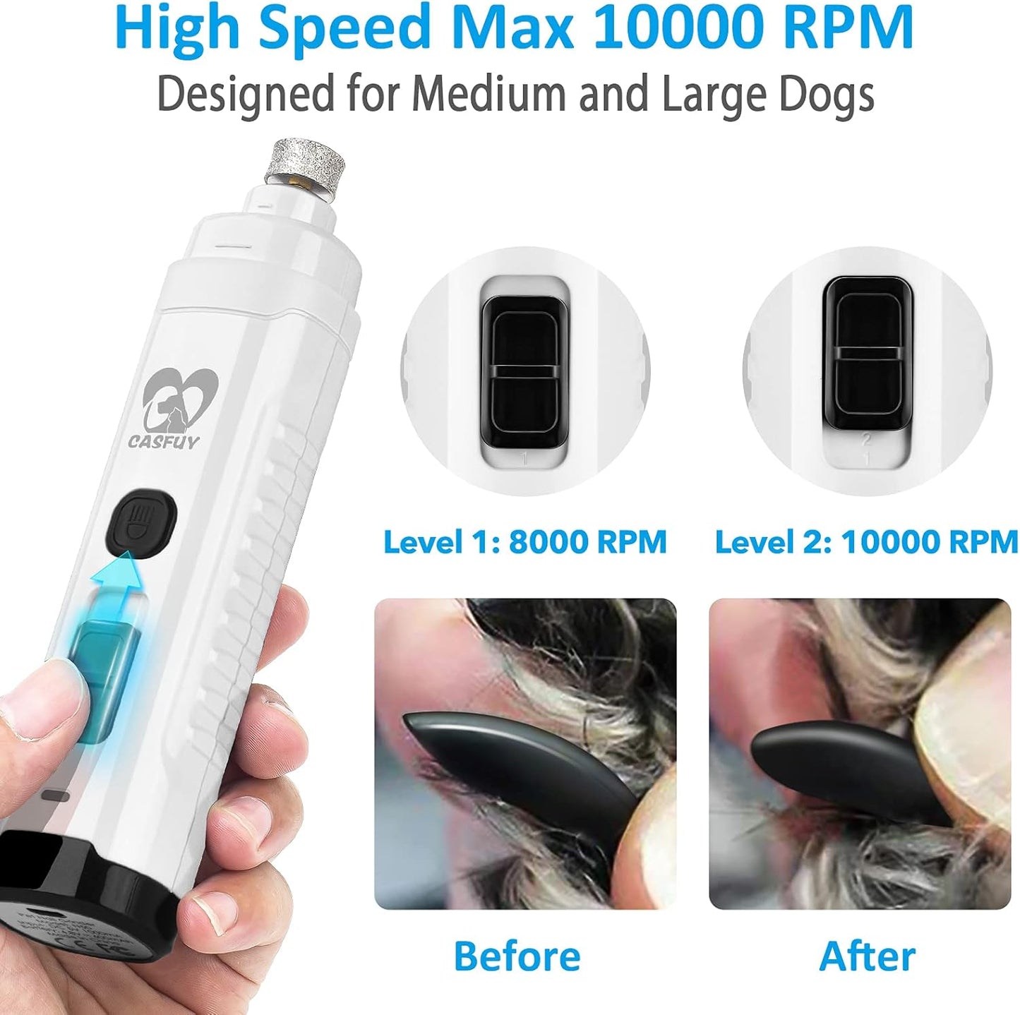 Casfuy Dog Nail Grinder with 2 LED Light for Large Medium Dogs - 3X More Powerful 2-Speed Electric Pet Nail Trimmer Rechargeable Quiet Painless Paws Grooming & Smoothing Tool