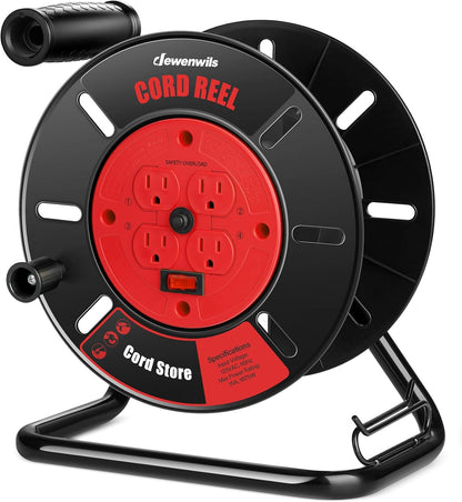 DEWENWILS Extension Cord Storage Reel with 4-Grounded Outlets, Heavy Duty Open Cord Reel for 12/3,14/3,16/3 Gauge Power Cord, Hand Wind Retractable, 10A Circuit Breaker, Rocker Power Switch