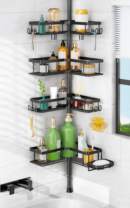 HAMITOR Corner Shower Caddy Tension Pole: 4-Tier Adjustable Organizer