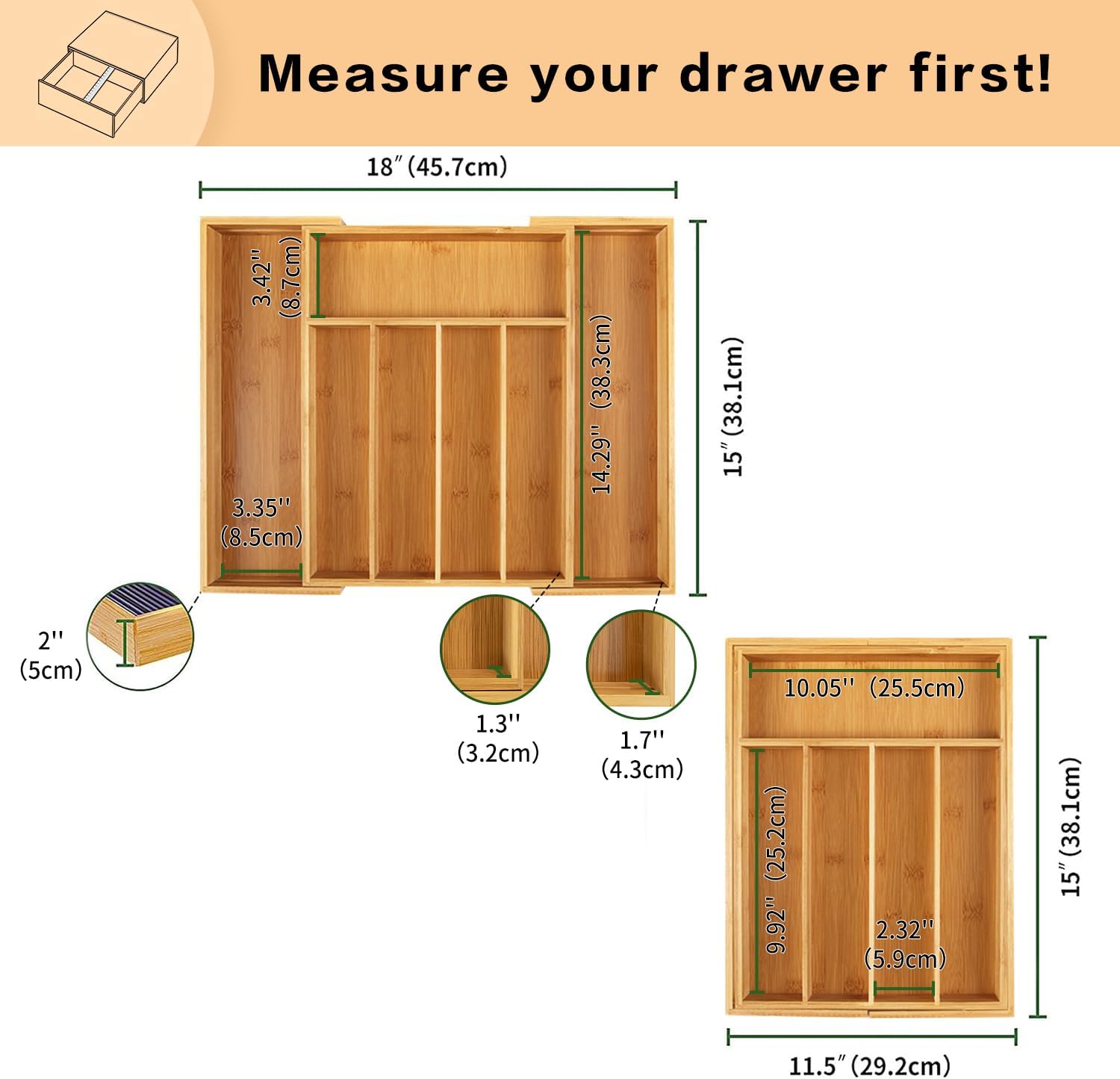 SafeHouseware Bamboo Expandable Cutlery Organizer Tray, Adjustable Utensil and Silverware Drawer Divider, 7 Compartments for Kitchen Flatware, Gadgets, Office or Craft Storage, 11.5"–18" W x 15" D x 2" H - PuriLite