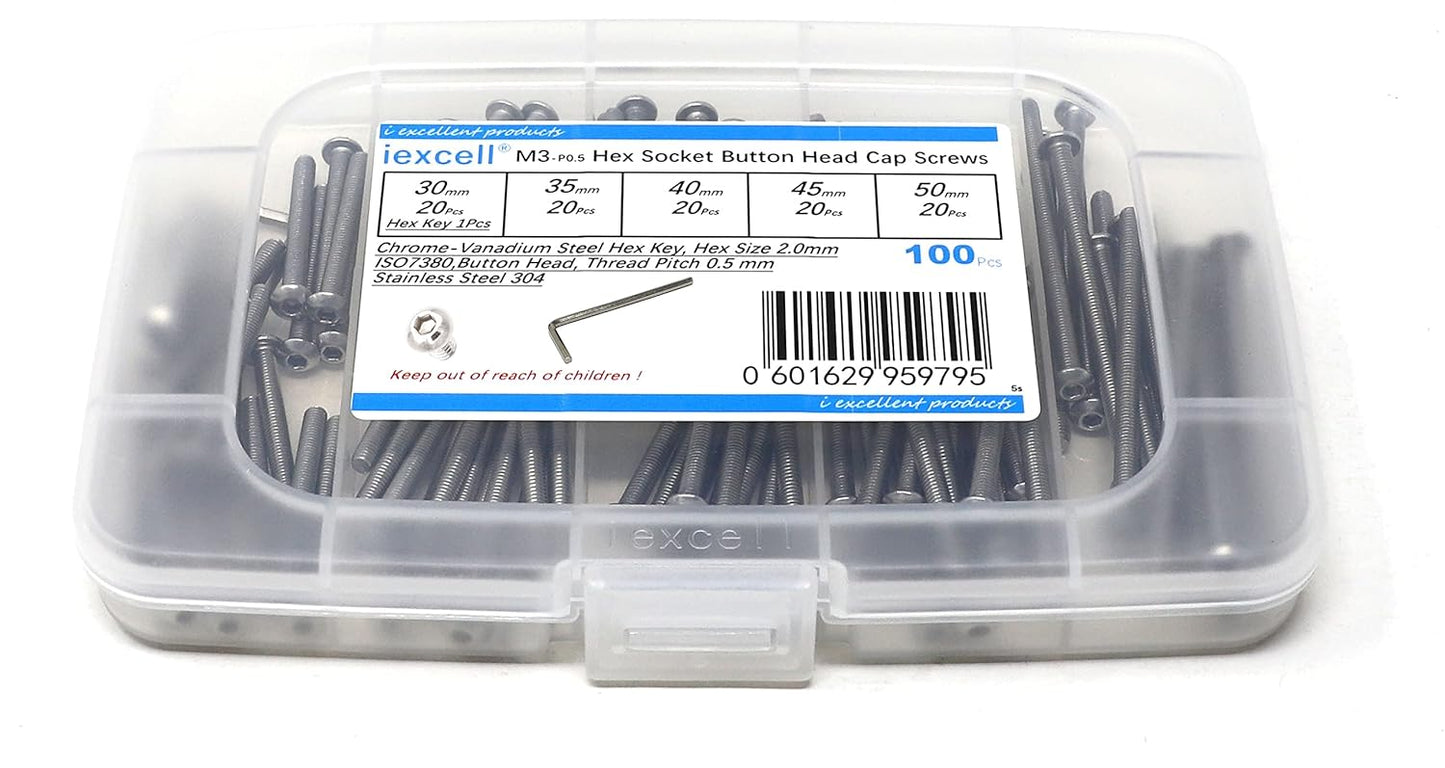 iexcell 50 Pcs M6 x 20mm Thread Pitch 1 mm Stainless Steel 304 Hex Socket Button Head Cap Screws Bolts Kit