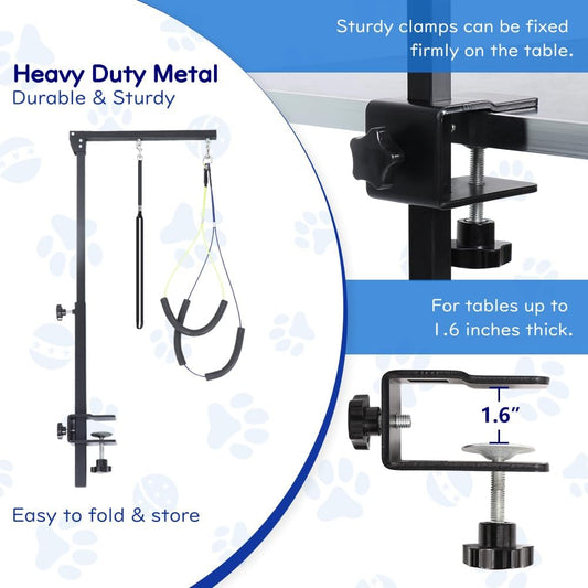 KELIXU Dog Grooming Arm with Clamps, Pet Grooming Table Arm with Hammock Harness &Two No Sit Haunch Holder, Adjustable Pet Grooming Supplies for Small/Medium Pets, Black