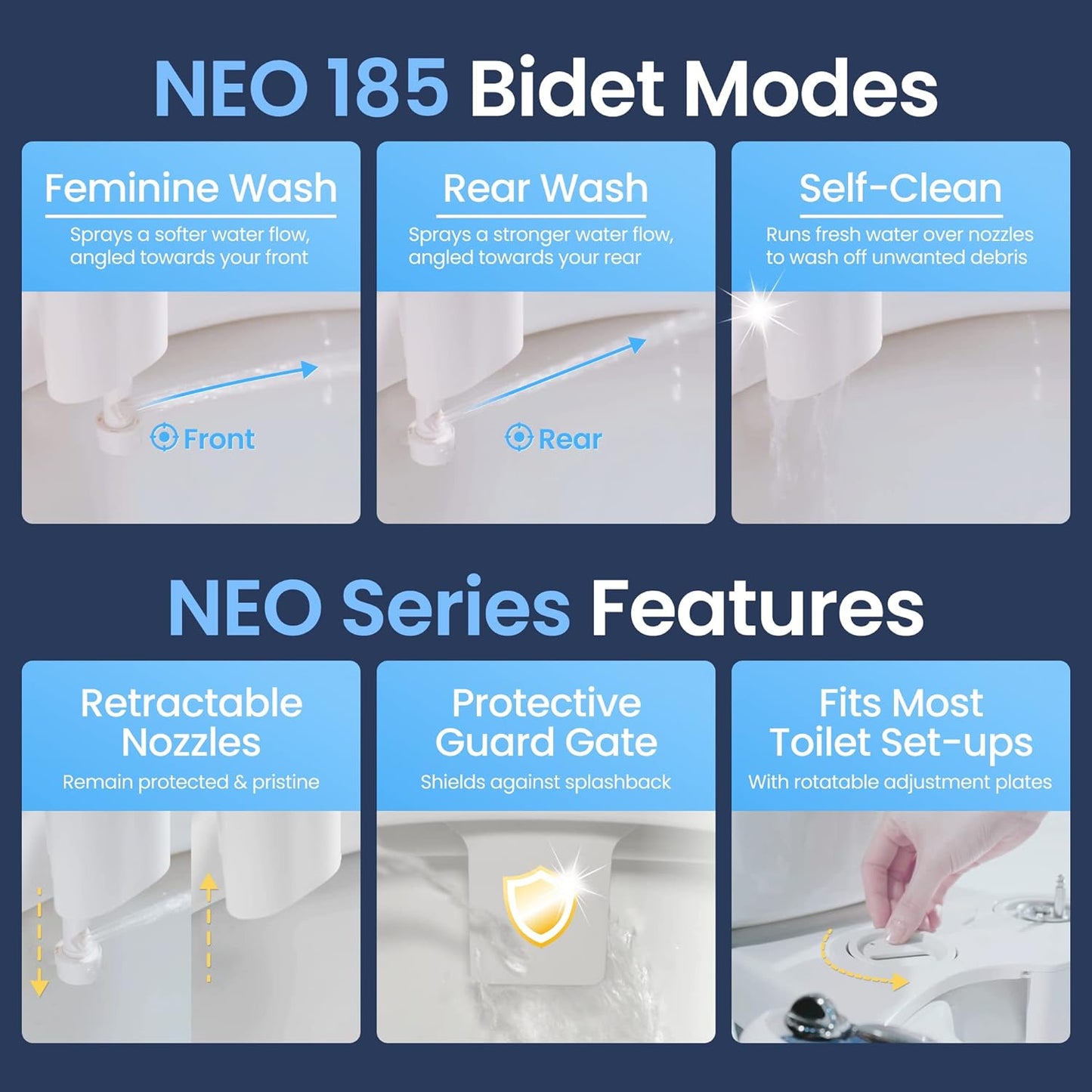 LUXE Bidet NEO 185 – Non-Electric Dual Nozzle Bidet Attachment for Toilet, Self-Cleaning, Adjustable Water Pressure with Rear & Feminine Wash (White) - PuriLite