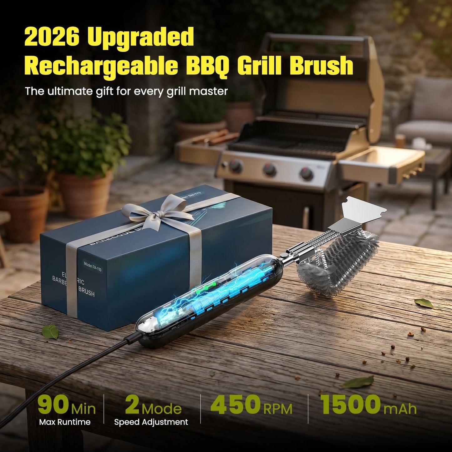 2026 Upgraded Electric Grill Brush: Cordless BBQ Cleaner with 2-Speed Powerful Motor, Reciprocating Clean, Reaches Grill Grate Sides & Corners, 20kg High-Torque Electric BBQ Brush with LED Light