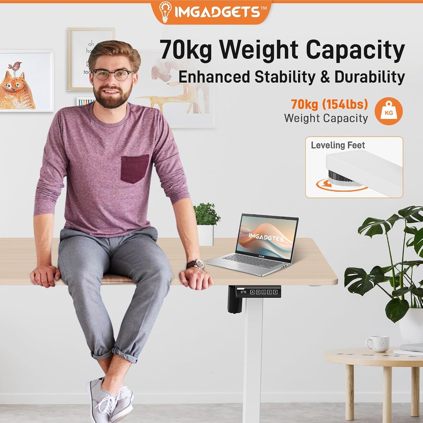 IMGadgets Electric Standing Desk, 47x24 Inches Height Adjustable, 2026 6th Gen Quiet Motor Ergonomic Sit Stand Desk, Computer Desk for Home Office, Height Memory Buttons, Display, 2 Headphone Holders