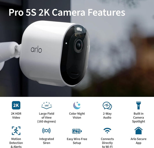 Arlo Pro 5S Spotlight Security Camera 2K HDR | Outdoor | Wire-Free with Spotlight | Dual-Band Wi-Fi Connects to The Strongest Network | 12X Zoom, 2-Way Audio, Color Night Vision, White, 4 Cameras - PuriLite