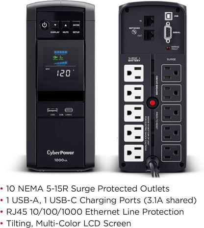 CyberPower CP1500PFCLCD PFC Sinewave UPS System, 1500VA/1000W, 12 Outlets, AVR, Mini Tower, Black