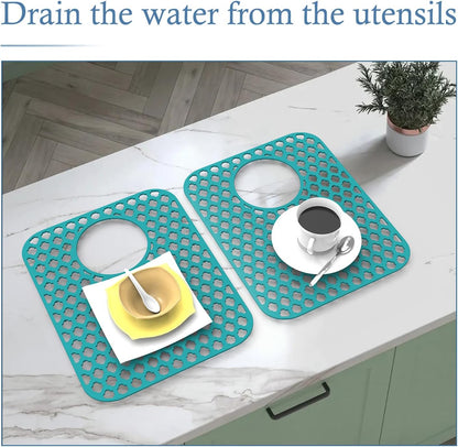BEHOK 2 Pack Silicone Sink Protector for Kitchen Sink Bathroom Sink 13.58"x 11.6" Sink Mat, Non-Slip and Durable Silicone Sink Grid, Rear Drain (Gray)