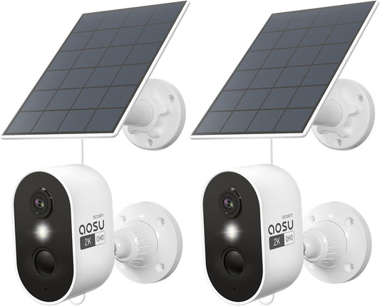 AOSU 2K Security Camera Wireless Outdoor, Solar Powered Security Camera with Spotlight, Siren, Motion Detection, Full Color Night Vision, 2-Way Audio, IP66, Compatible with Alexa, 2.4GHz WiFi (2PACK)