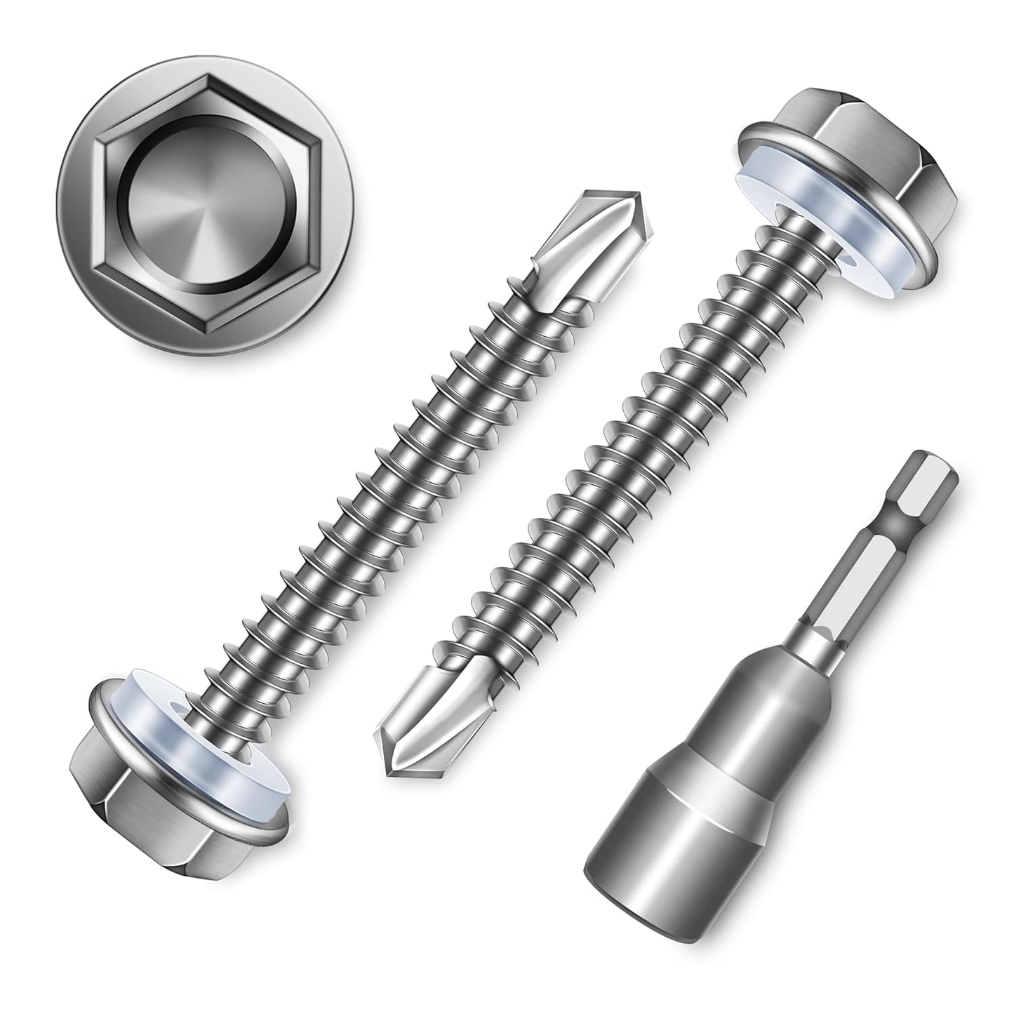 EASTPUK 100Pcs #8 x 1/2" Sheet Metal Screws, 410 Stainless Steel Self Drilling Hex Washer Head Self Tapping Screws for Metal with Drill Bit